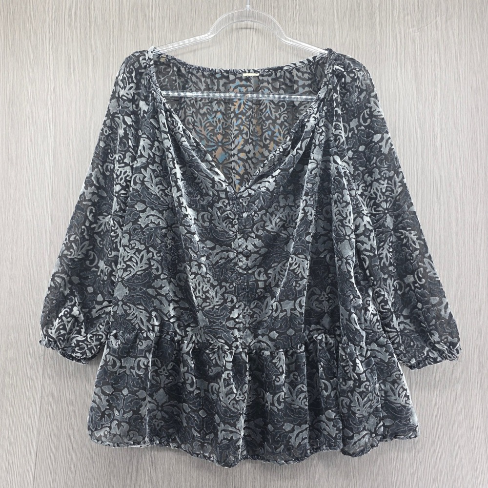 Faded Glory Top Womens Size Large Velvet Sheer Burnout Floral Black Whimigoth